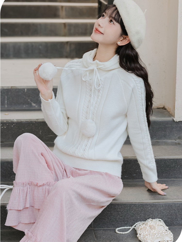 Wood ear straight casual pants lace sweater a set for women