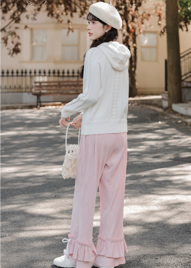 Wood ear straight casual pants lace sweater a set for women