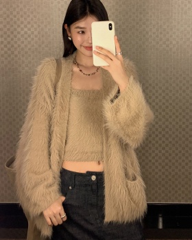 Mohair lazy sweater sling plush cardigan 2pcs set