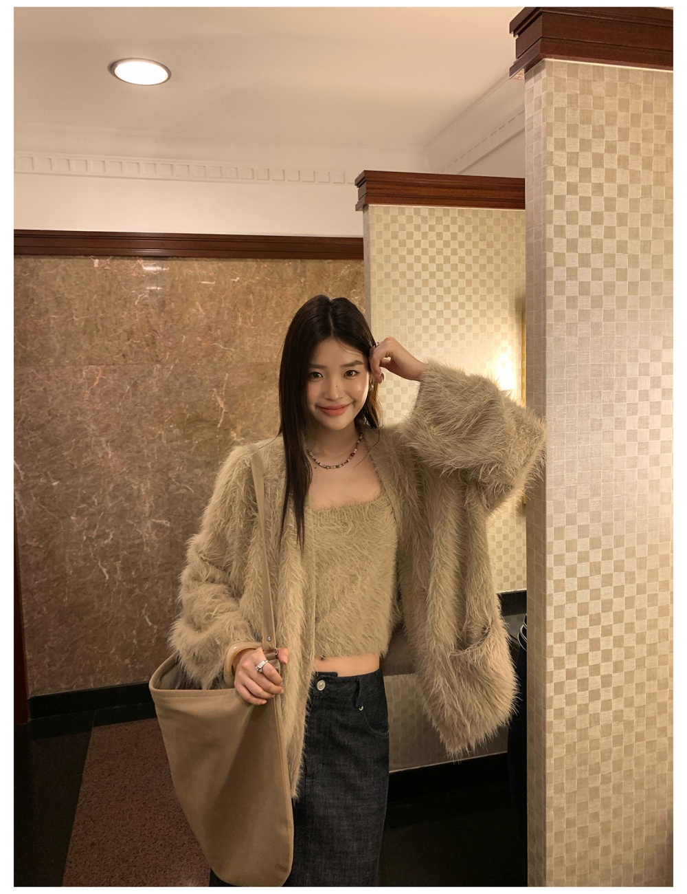 Mohair lazy sweater sling plush cardigan 2pcs set