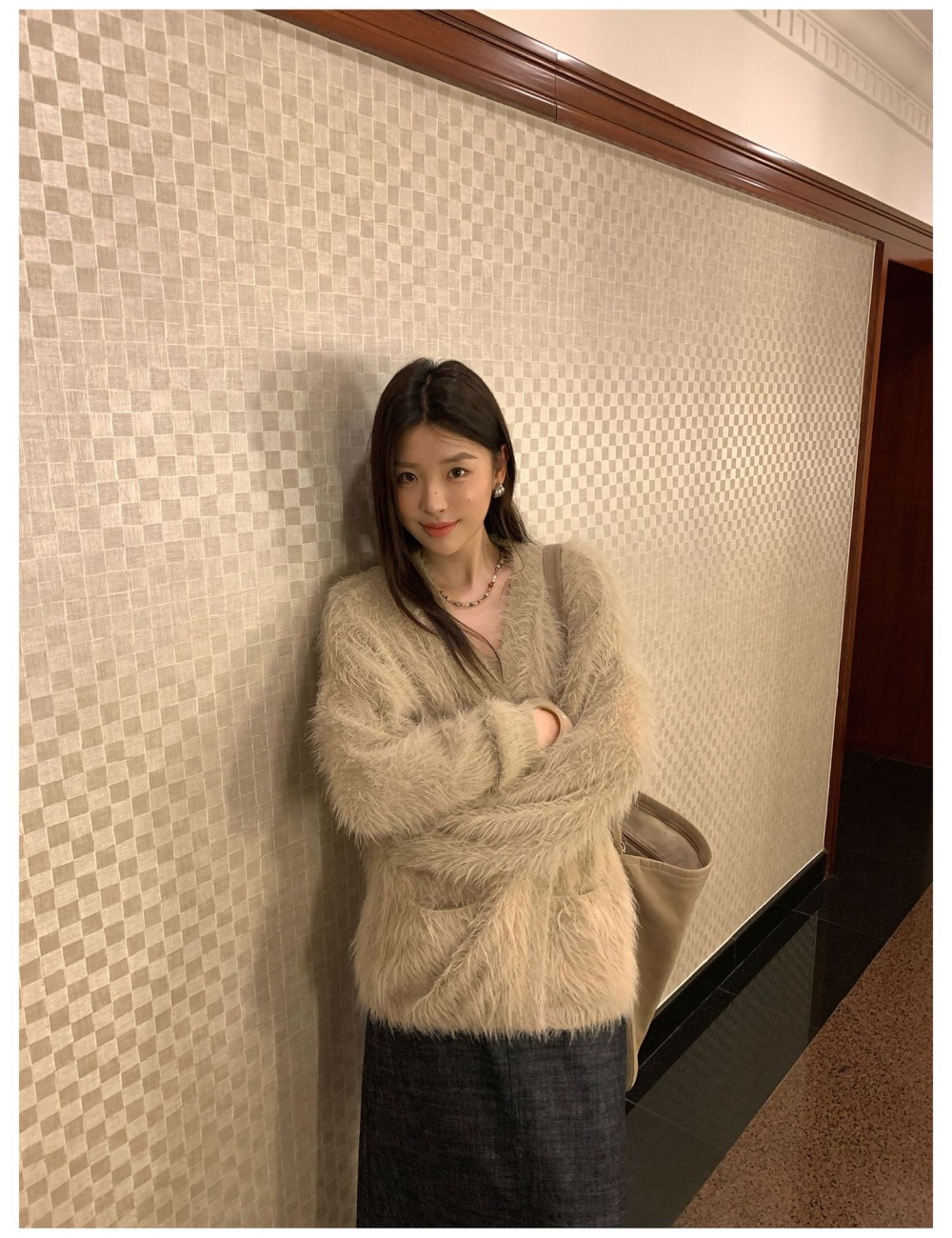 Mohair lazy sweater sling plush cardigan 2pcs set