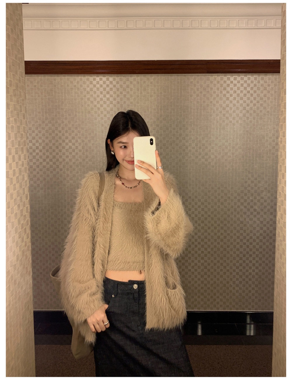 Mohair lazy sweater sling plush cardigan 2pcs set