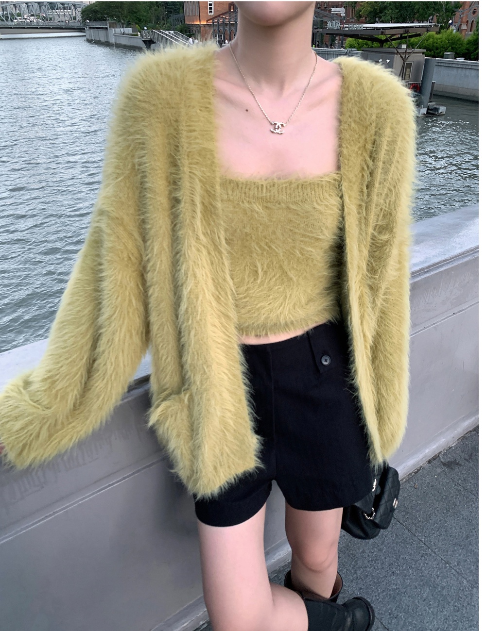 Mohair lazy sweater sling plush cardigan 2pcs set