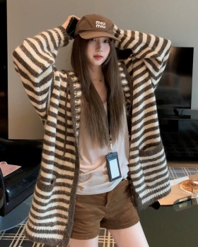 Mixed colors retro sweater hooded lazy cardigan for women