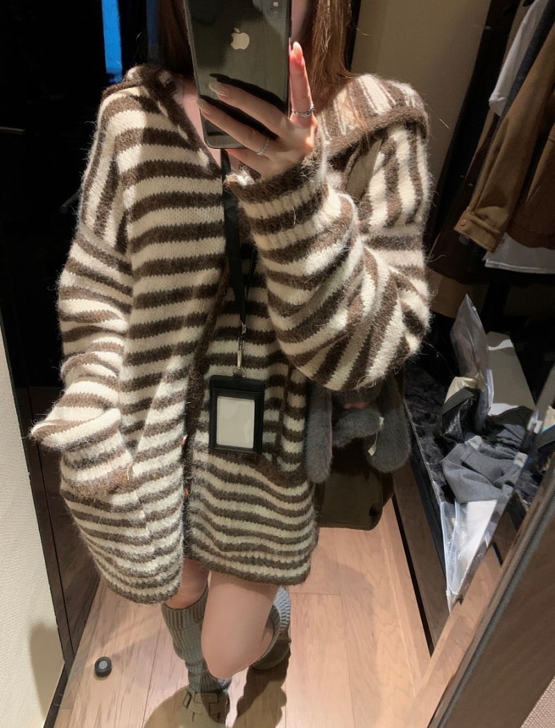 Mixed colors retro sweater hooded lazy cardigan for women
