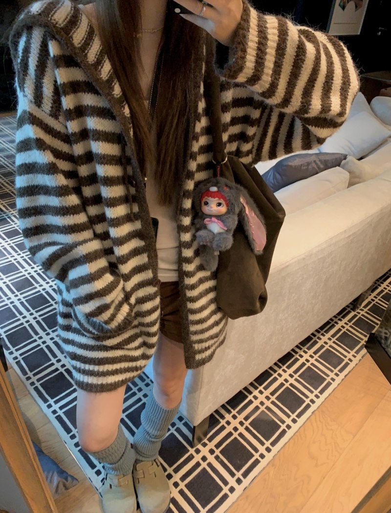 Mixed colors retro sweater hooded lazy cardigan for women