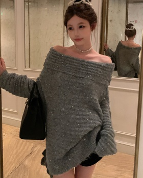 Long sequins tops flat shoulder sweater for women