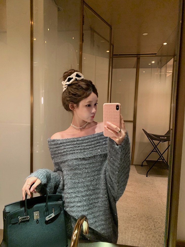 Long sequins tops flat shoulder sweater for women