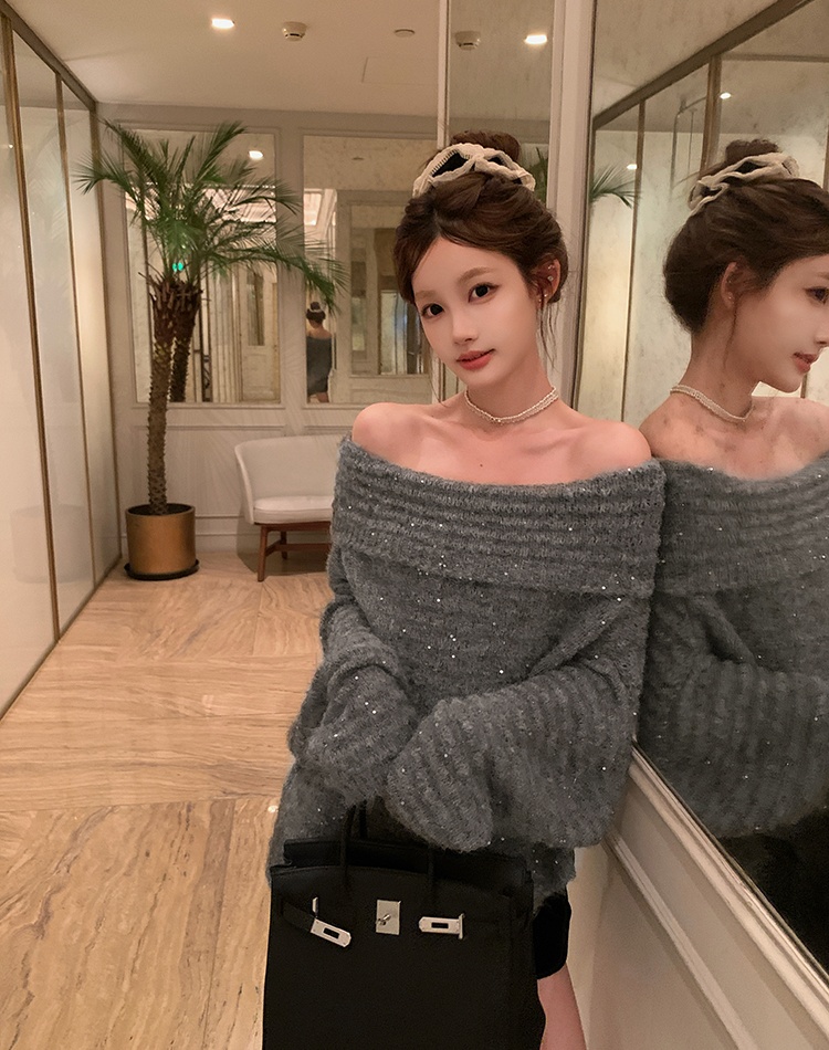 Long sequins tops flat shoulder sweater for women