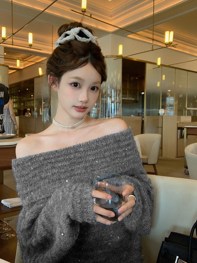 Long sequins tops flat shoulder sweater for women