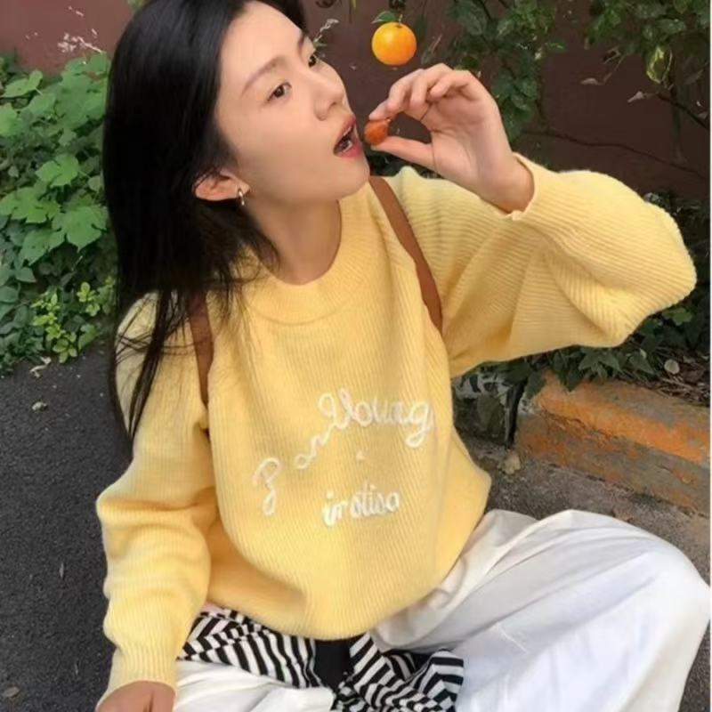 Round neck lazy autumn long sleeve sweater for women