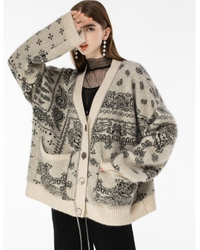 Lazy jacquard sweater V-neck loose cardigan for women
