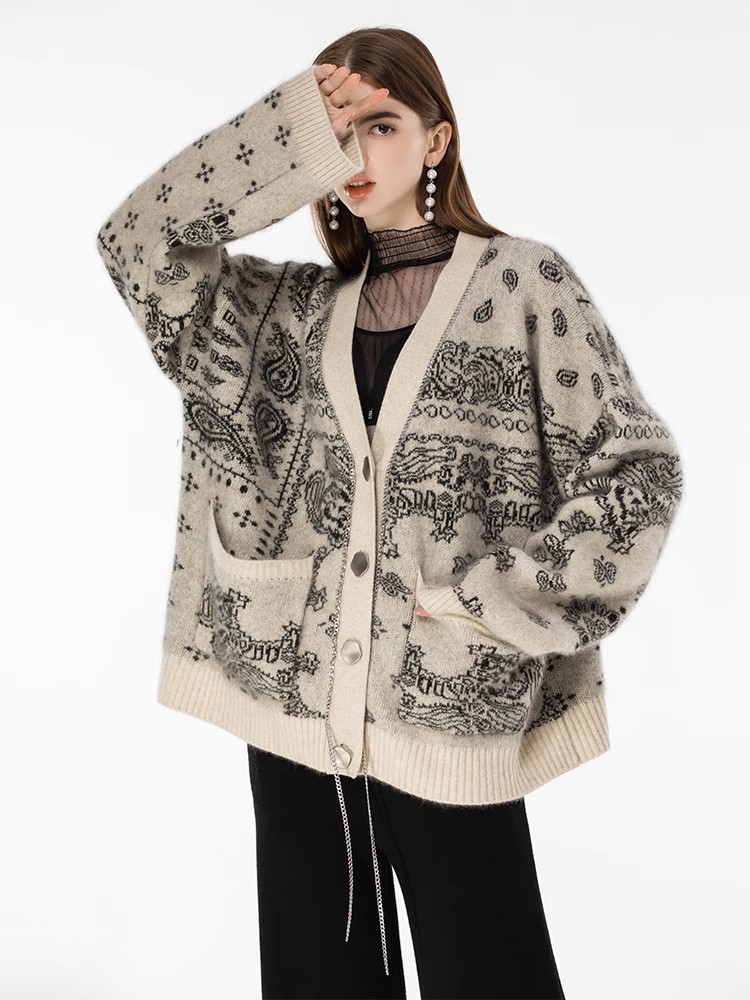 Lazy jacquard sweater V-neck loose cardigan for women