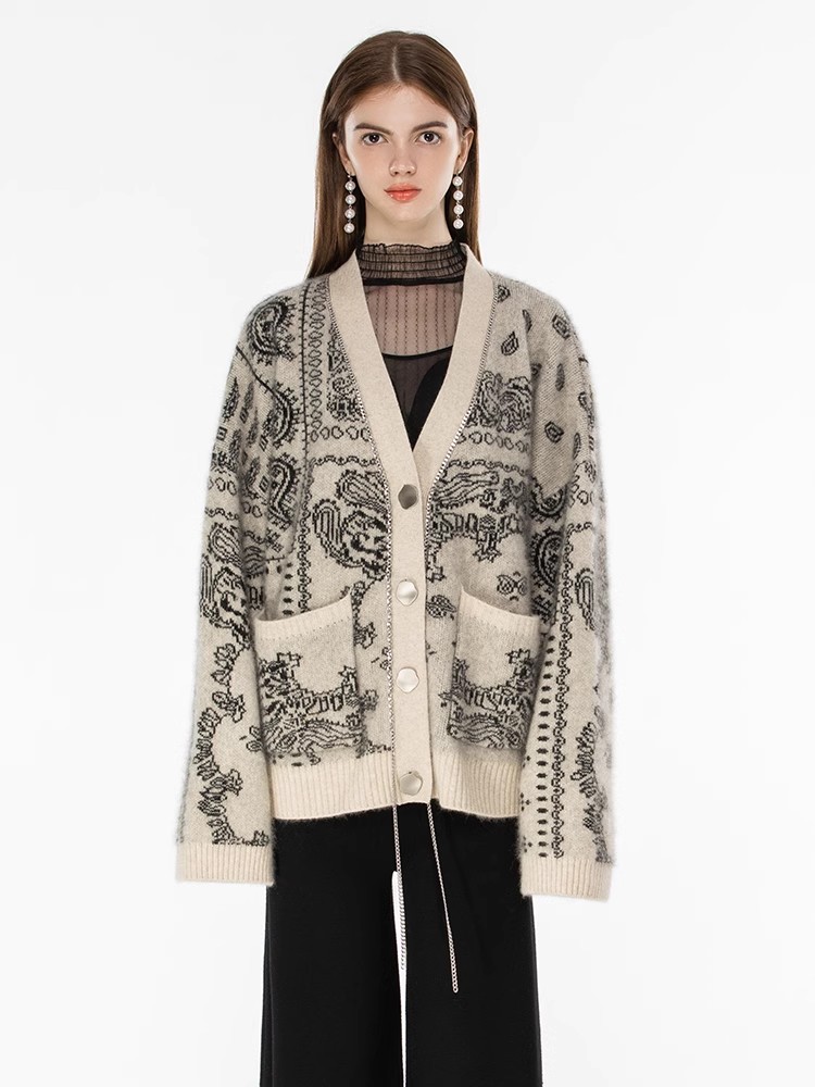 Lazy jacquard sweater V-neck loose cardigan for women