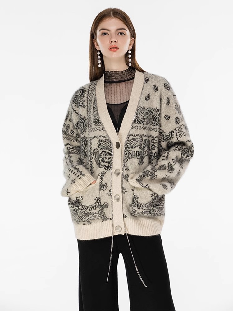 Lazy jacquard sweater V-neck loose cardigan for women