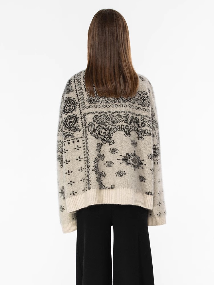 Lazy jacquard sweater V-neck loose cardigan for women