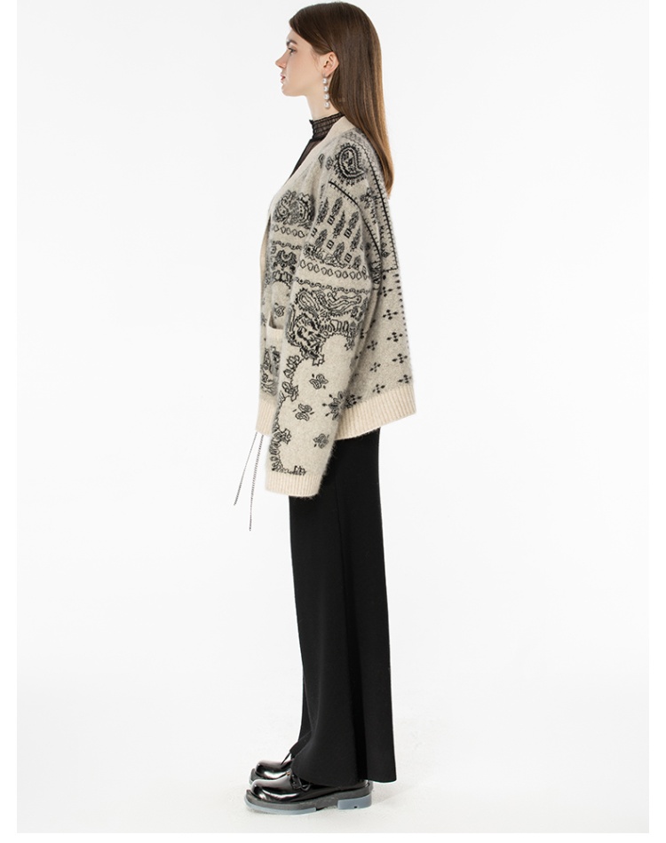 Lazy jacquard sweater V-neck loose cardigan for women