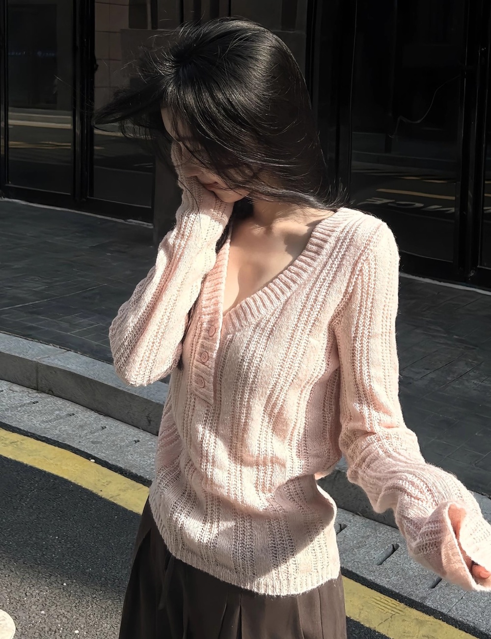 Long sleeve V-neck sweater slim hook flower tops for women