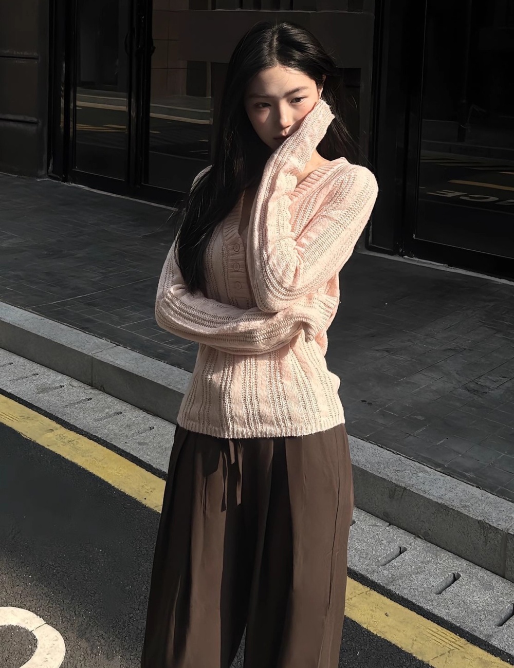 Long sleeve V-neck sweater slim hook flower tops for women