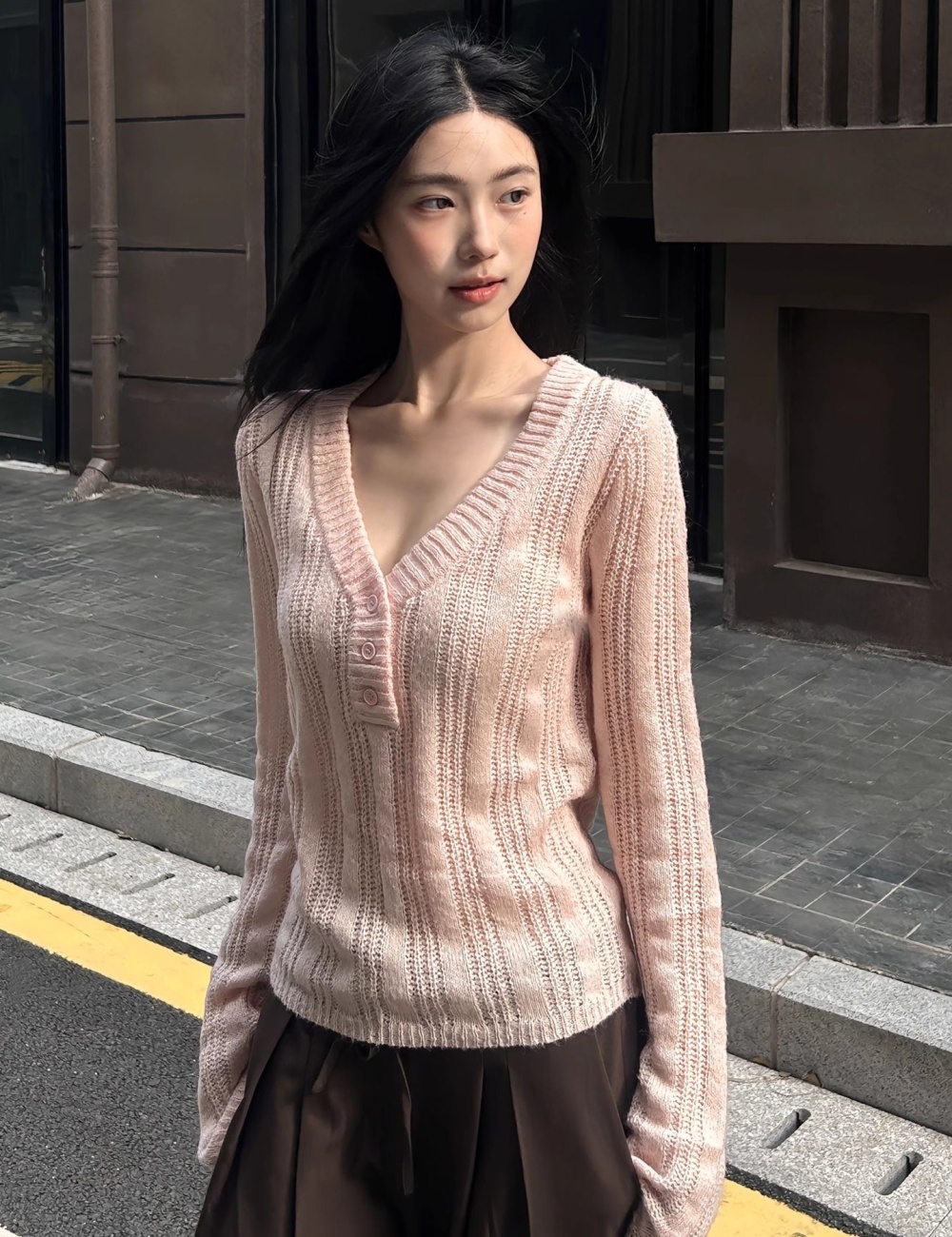 Long sleeve V-neck sweater slim hook flower tops for women