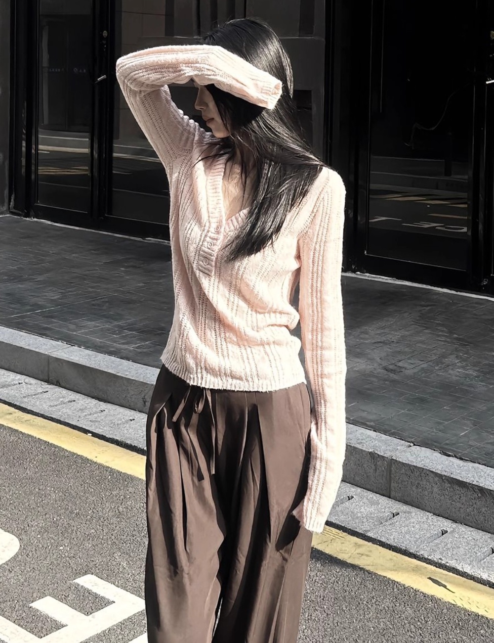 Long sleeve V-neck sweater slim hook flower tops for women