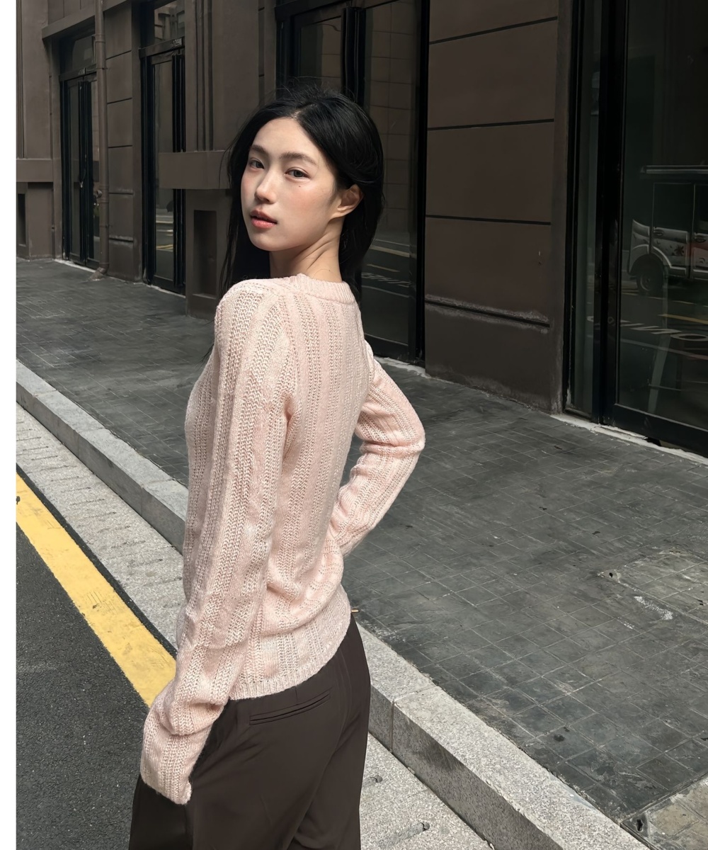 Long sleeve V-neck sweater slim hook flower tops for women