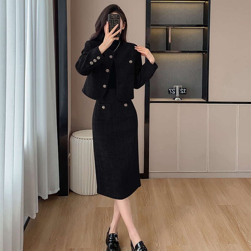 Chanelstyle tops single-breasted long skirt a set for women