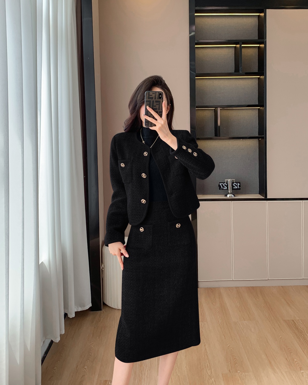 Chanelstyle tops single-breasted long skirt a set for women
