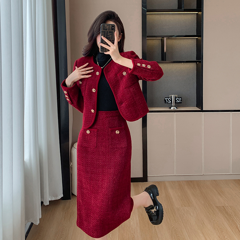 Chanelstyle tops single-breasted long skirt a set for women