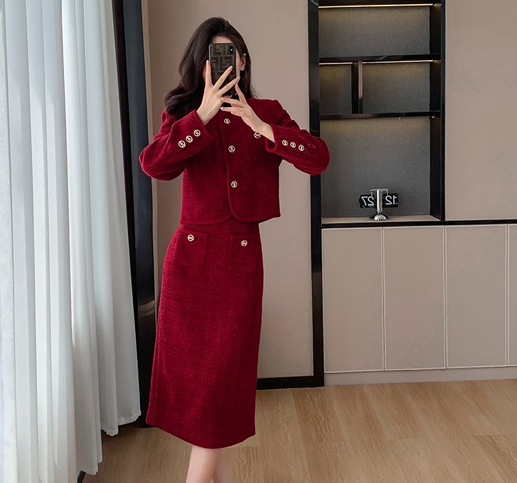 Chanelstyle tops single-breasted long skirt a set for women