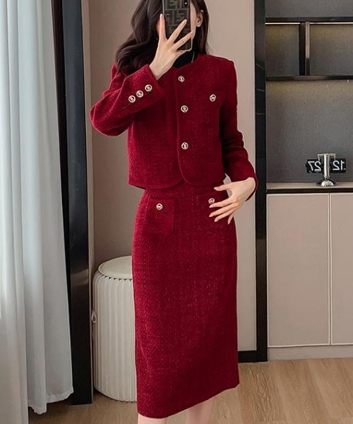 Chanelstyle tops single-breasted long skirt a set for women