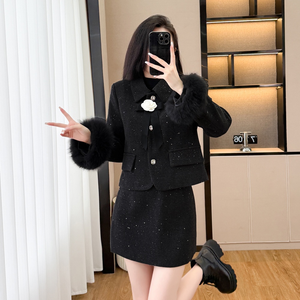 Fox fur coat short skirt a set for women