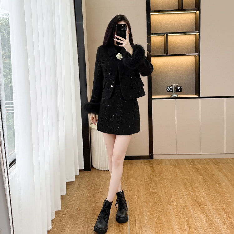 Fox fur coat short skirt a set for women