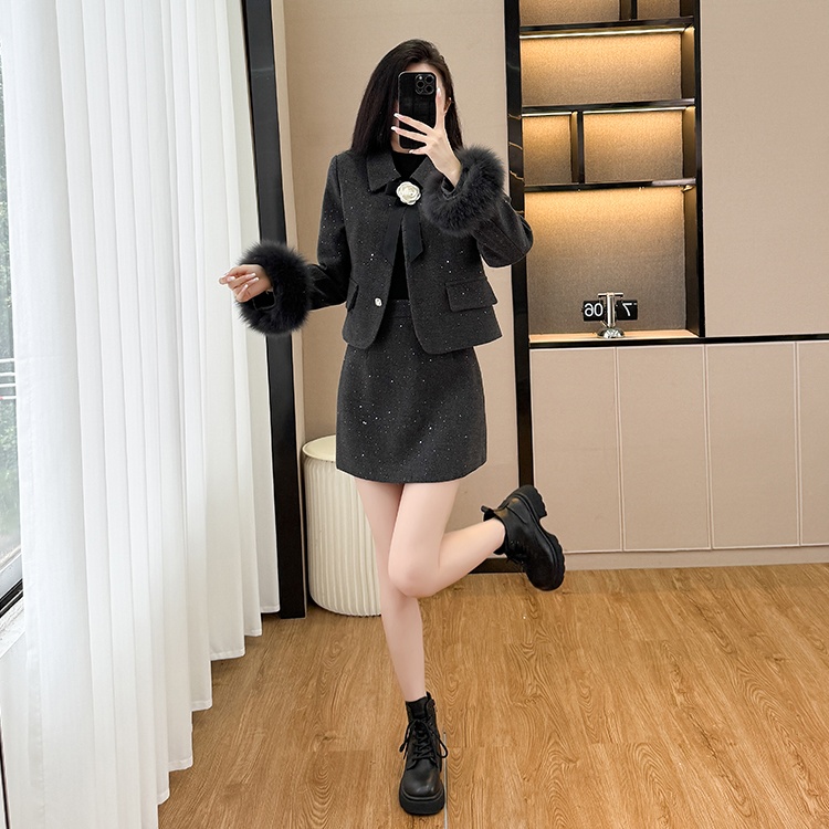 Fox fur coat short skirt a set for women