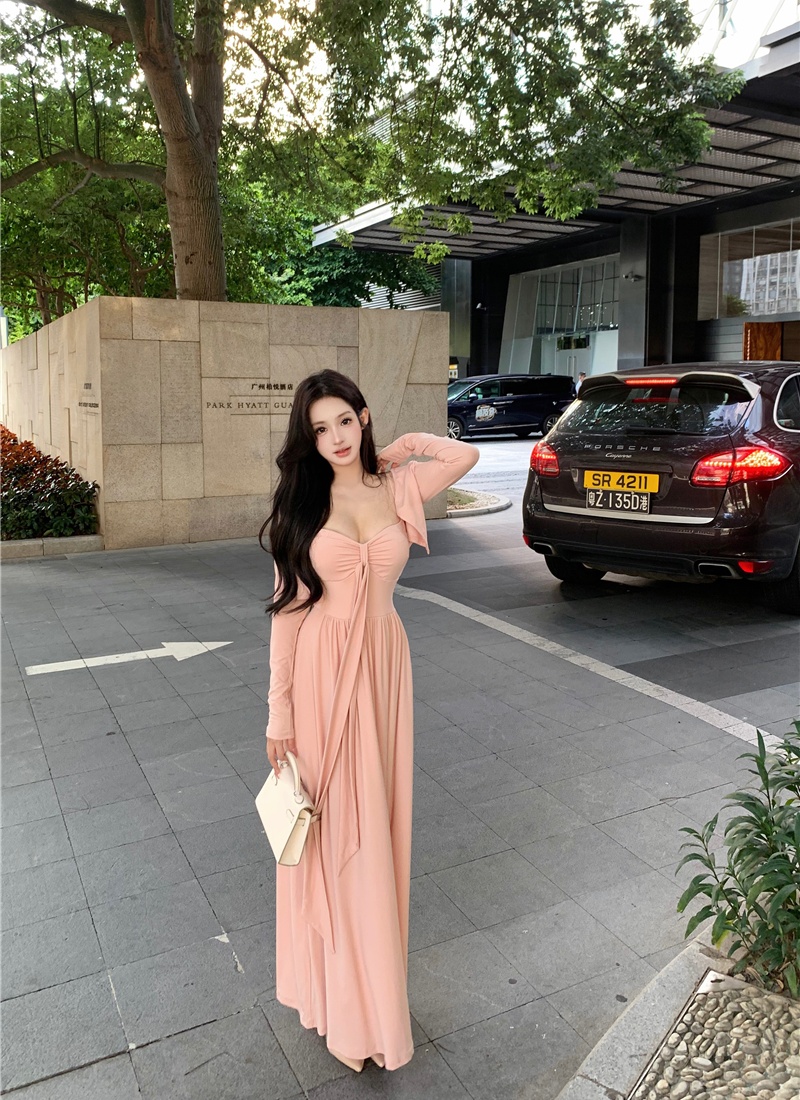Enticement sexy autumn long dress A-line bow sling dress