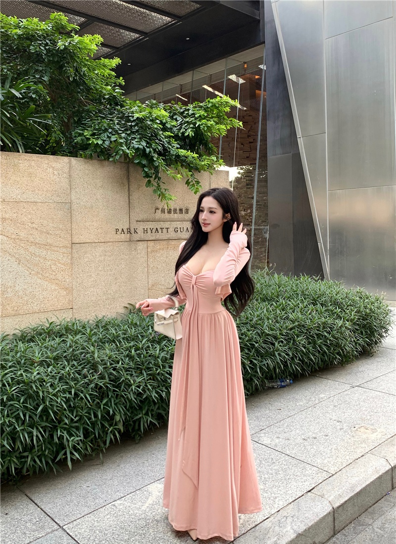 Enticement sexy autumn long dress A-line bow sling dress