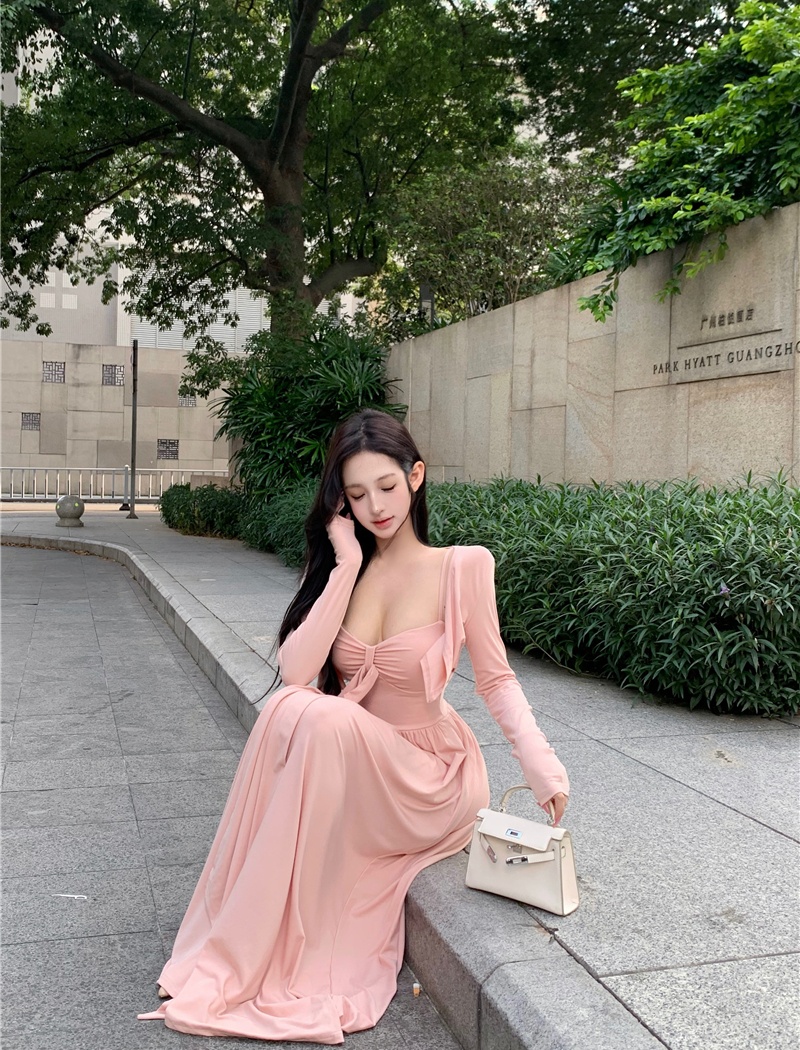 Enticement sexy autumn long dress A-line bow sling dress