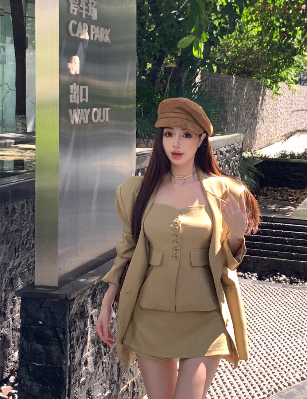 Korean style pinched waist vest loose short skirt 3pcs set