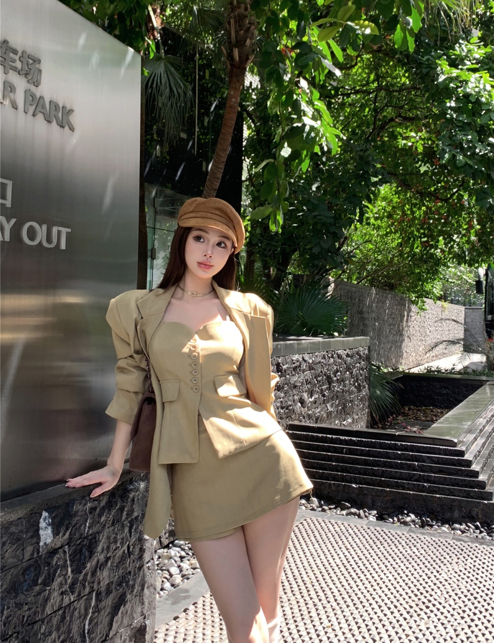 Korean style pinched waist vest loose short skirt 3pcs set