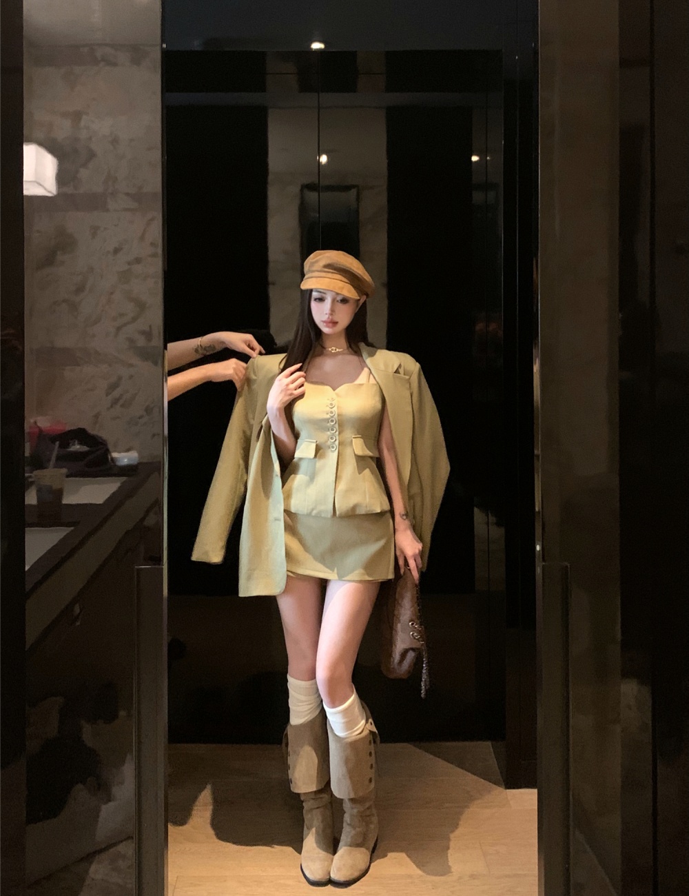 Korean style pinched waist vest loose short skirt 3pcs set
