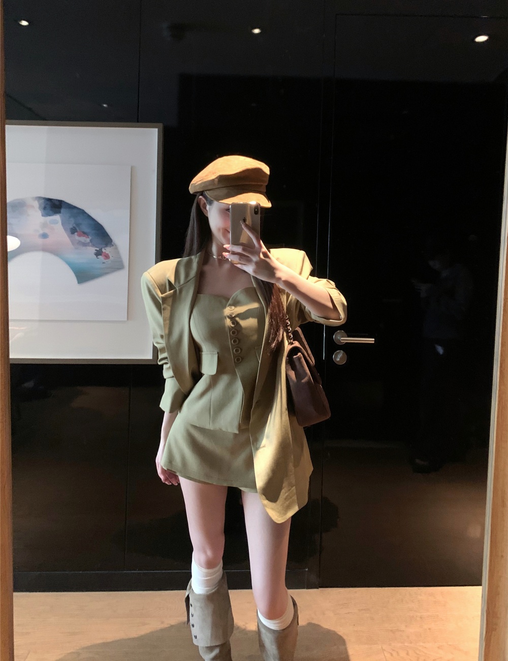 Korean style pinched waist vest loose short skirt 3pcs set