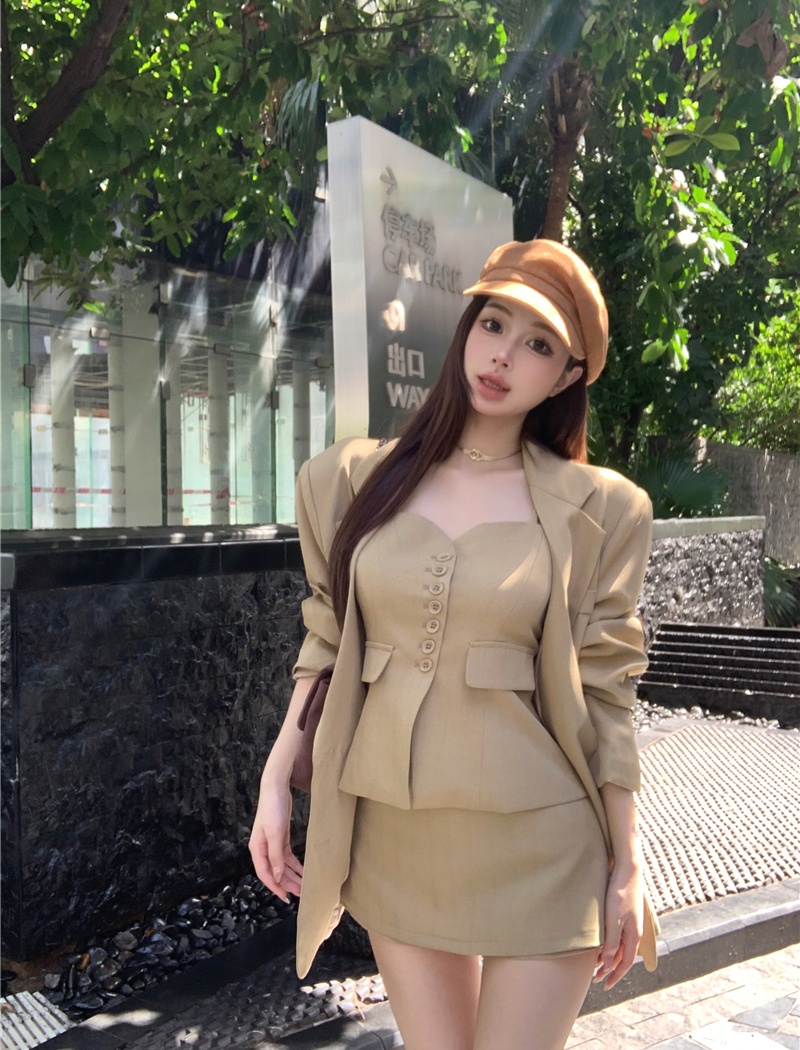 Korean style pinched waist vest loose short skirt 3pcs set