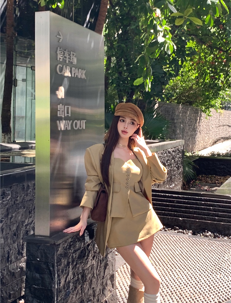Korean style pinched waist vest loose short skirt 3pcs set