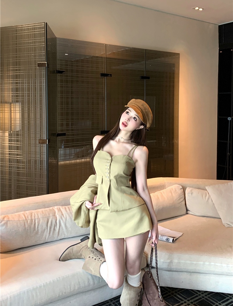 Korean style pinched waist vest loose short skirt 3pcs set