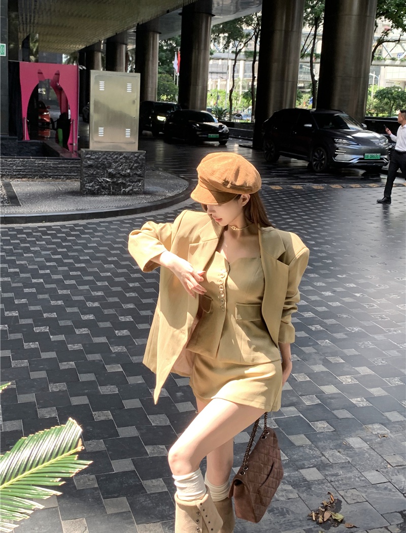 Korean style pinched waist vest loose short skirt 3pcs set