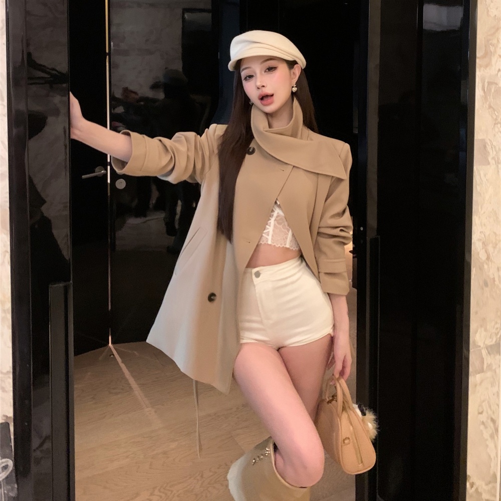 Double-breasted coat pinched waist windbreaker for women