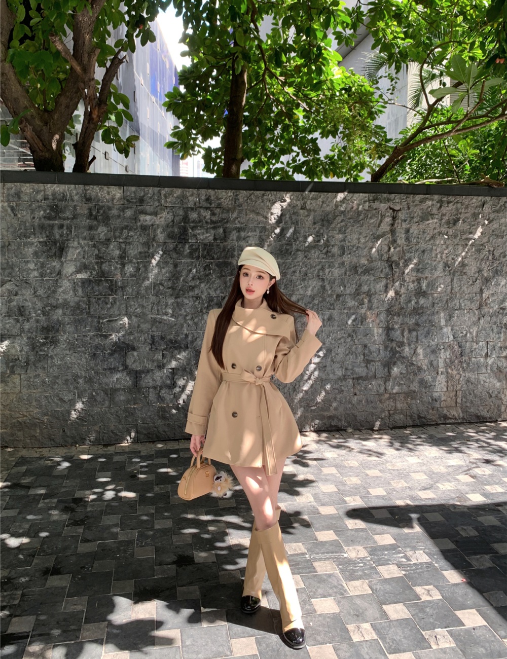 Double-breasted coat pinched waist windbreaker for women
