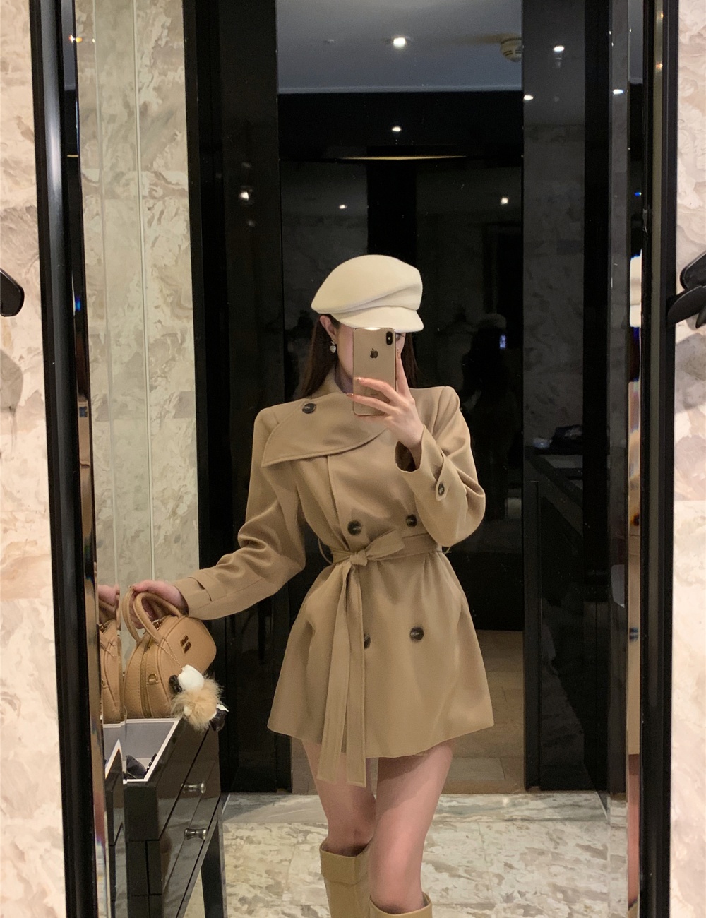 Double-breasted coat pinched waist windbreaker for women