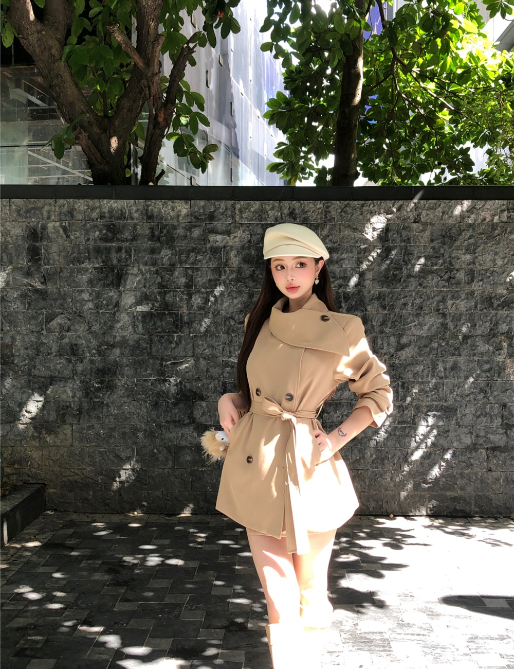 Double-breasted coat pinched waist windbreaker for women