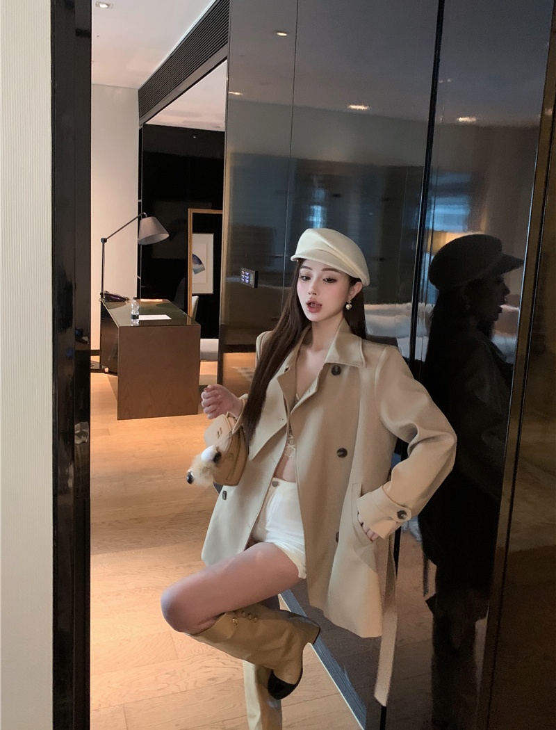 Double-breasted coat pinched waist windbreaker for women